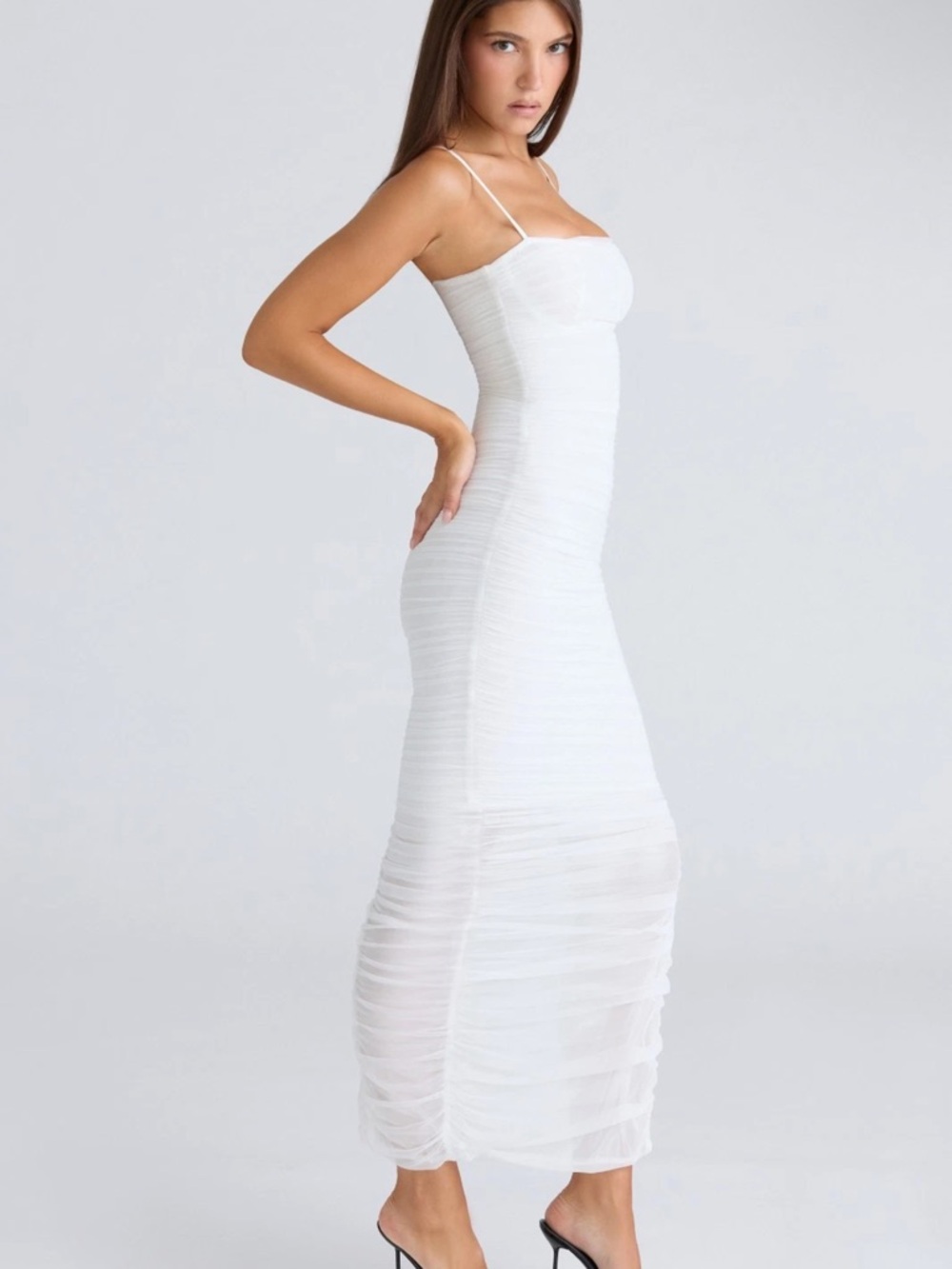 HOUSE OF CB 'Fornarina' White Gathered Stretch Mesh Maxi Dress Size S Reg Cup